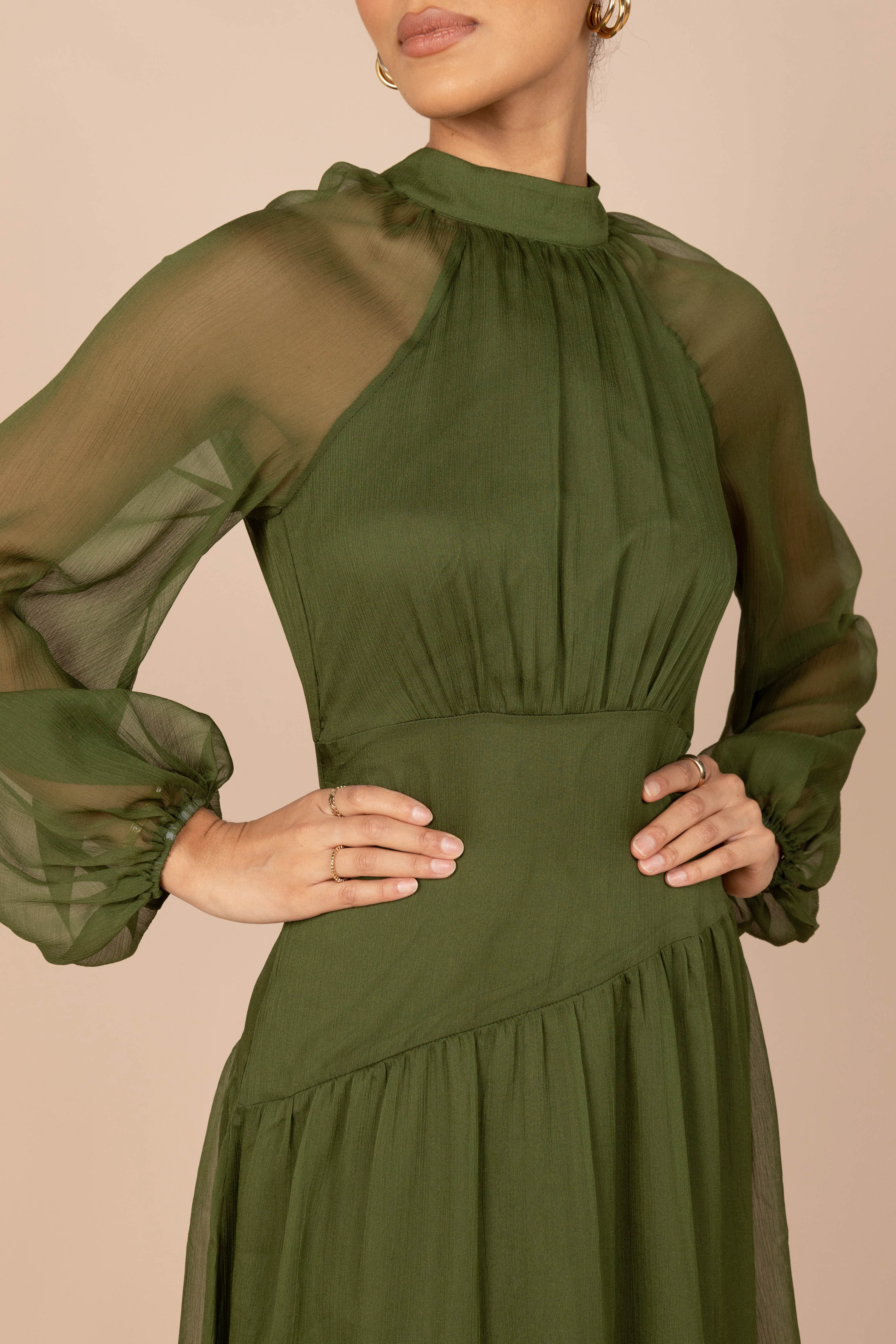 Julip Sheer Long Sleeve Maxi Dress - Olive