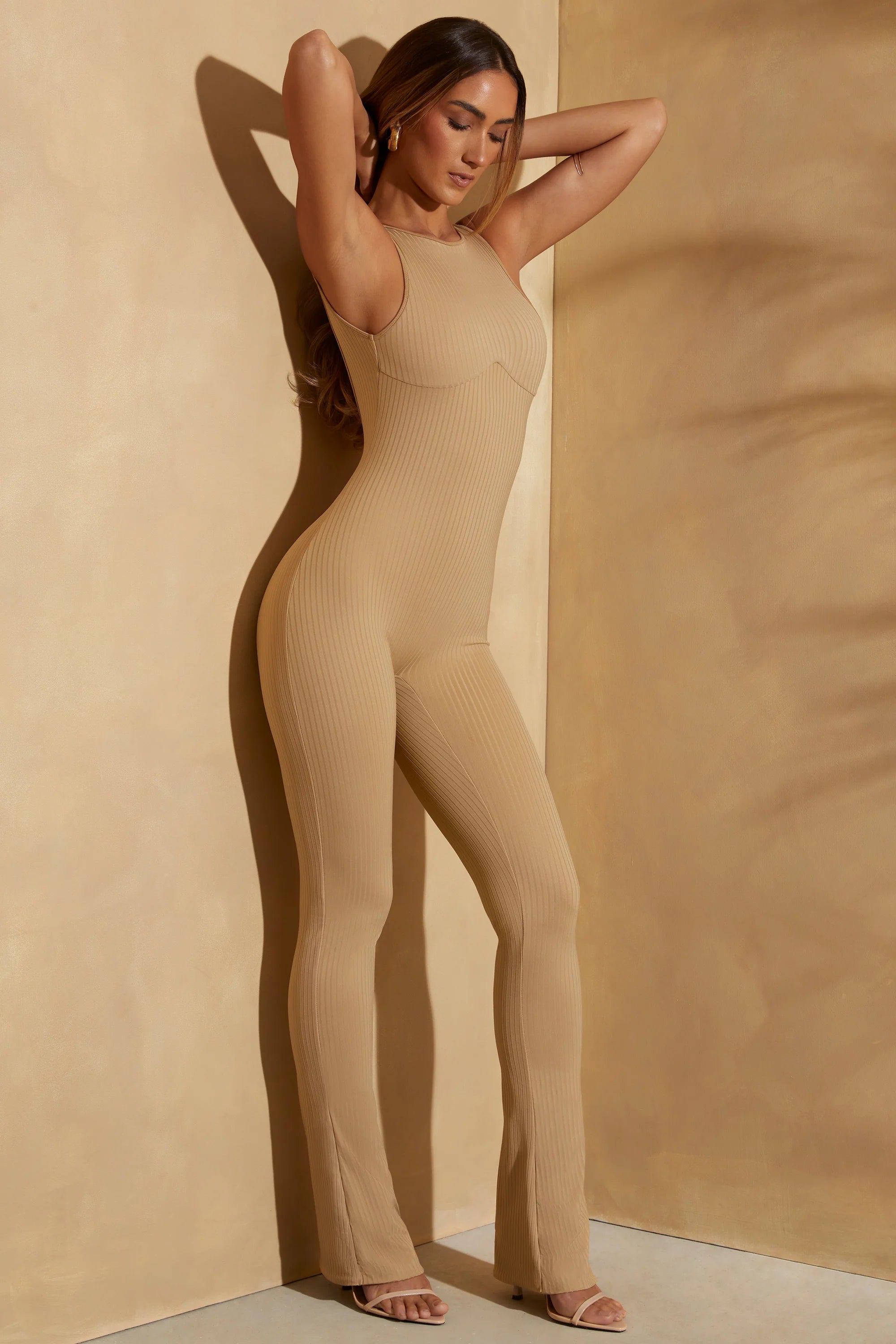 Ribbed Cut Out Back Jumpsuit in Tan