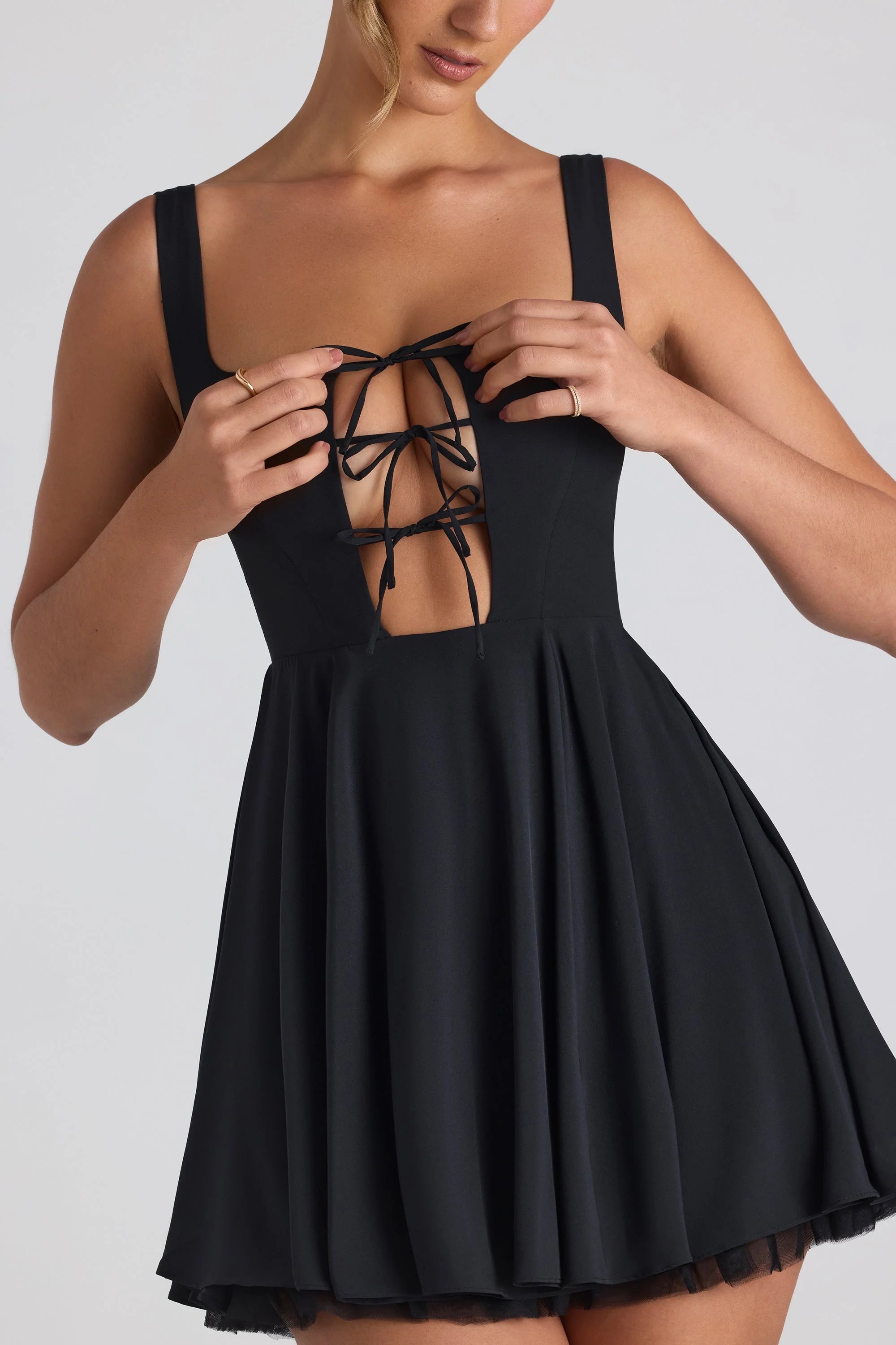 Tie-Detail A-Line Micro Mini Dress in Black