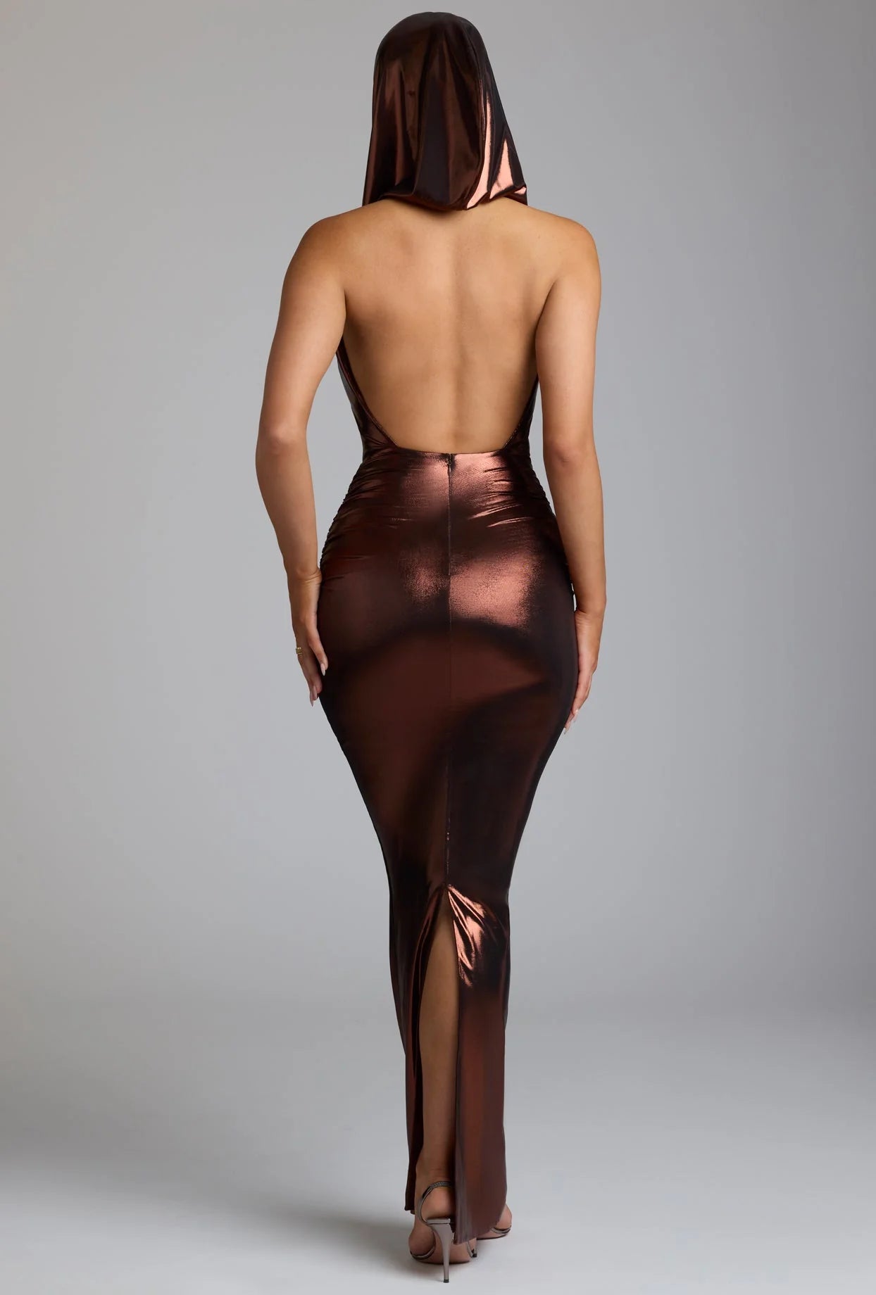 Hooded Metallic Jersey Evening Gown in Copper Bronze