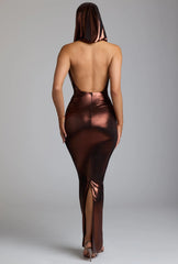 Hooded Metallic Jersey Evening Gown in Copper Bronze