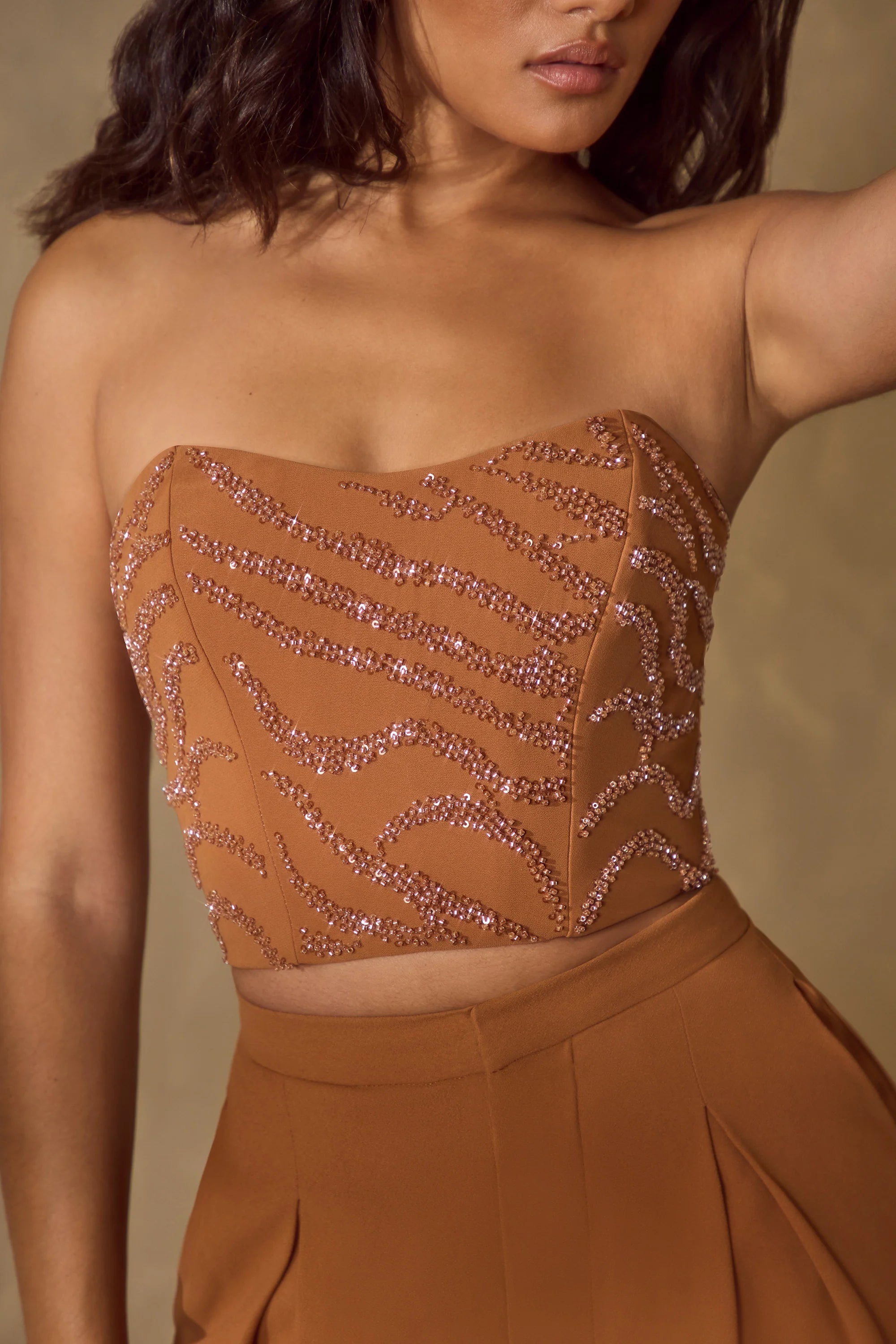 Embellished Bandeau Corset Top in Caramel