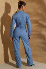 Wide Leg Long Sleeve Cargo Jumpsuit in Dark Blue