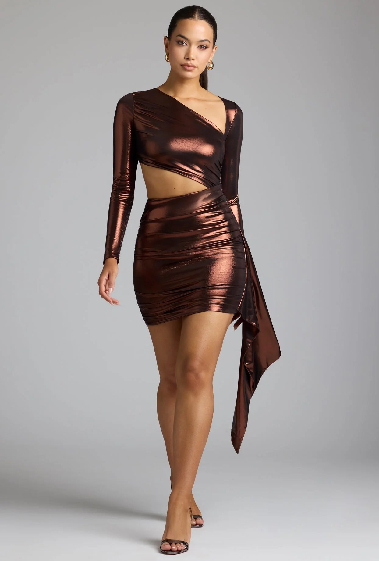 Cut Out Metallic Jersey Mini Dress in Copper Bronze