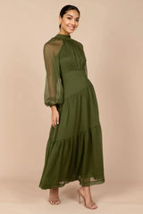 Julip Sheer Long Sleeve Maxi Dress - Olive