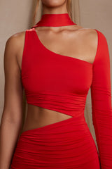 Single Sleeve Cut Out Maxi Dress in Red