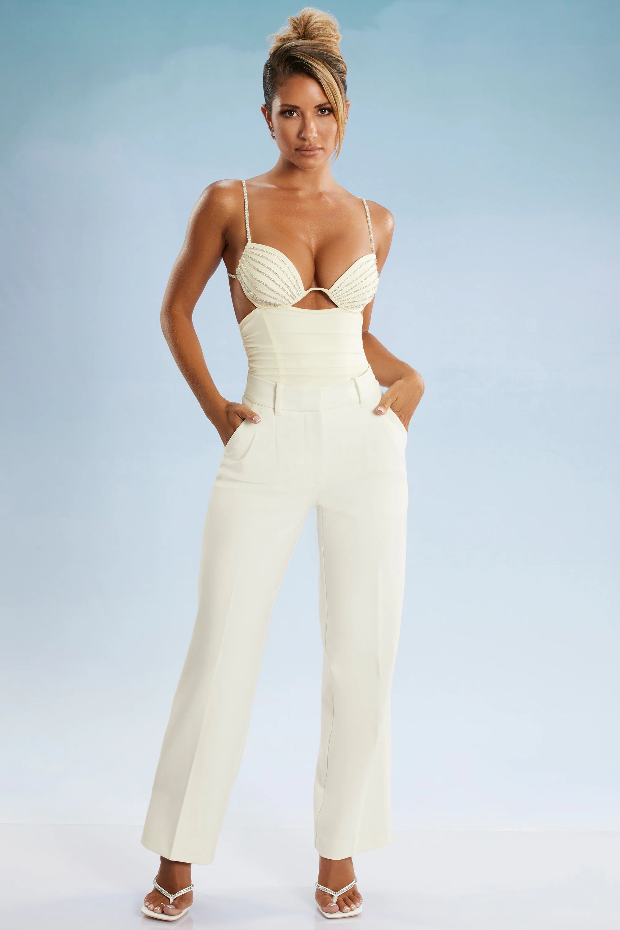 Cut Out Ruched Bodysuit in Ivory