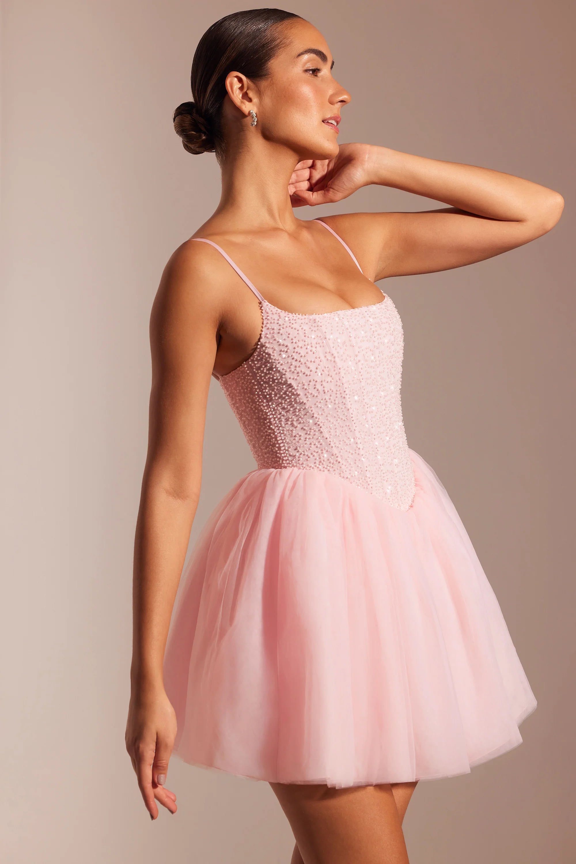 Embellished Corset Tulle Skirt Mini Dress in Blush