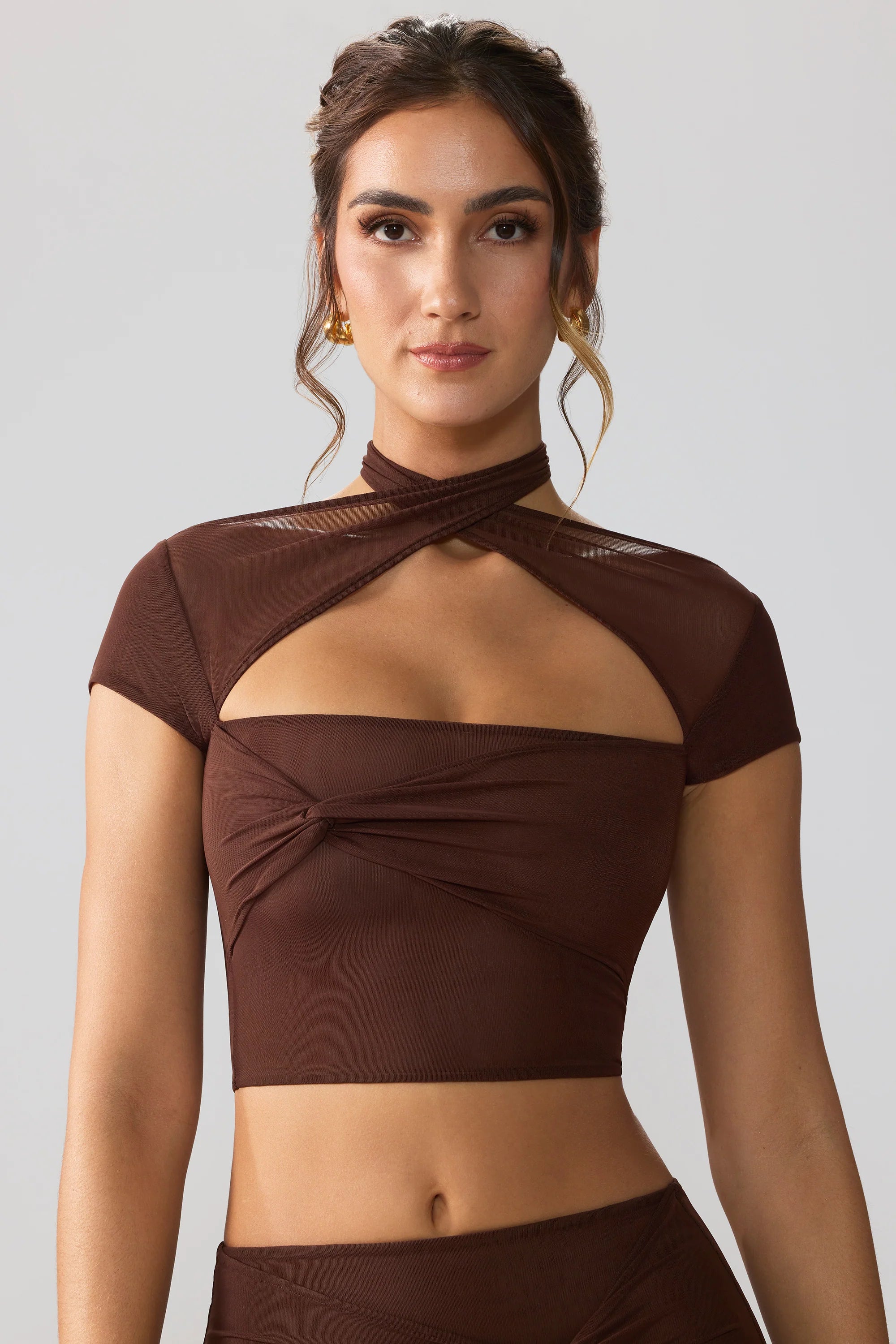 Mesh Cap Sleeve Cut Out Crop Top in Espresso