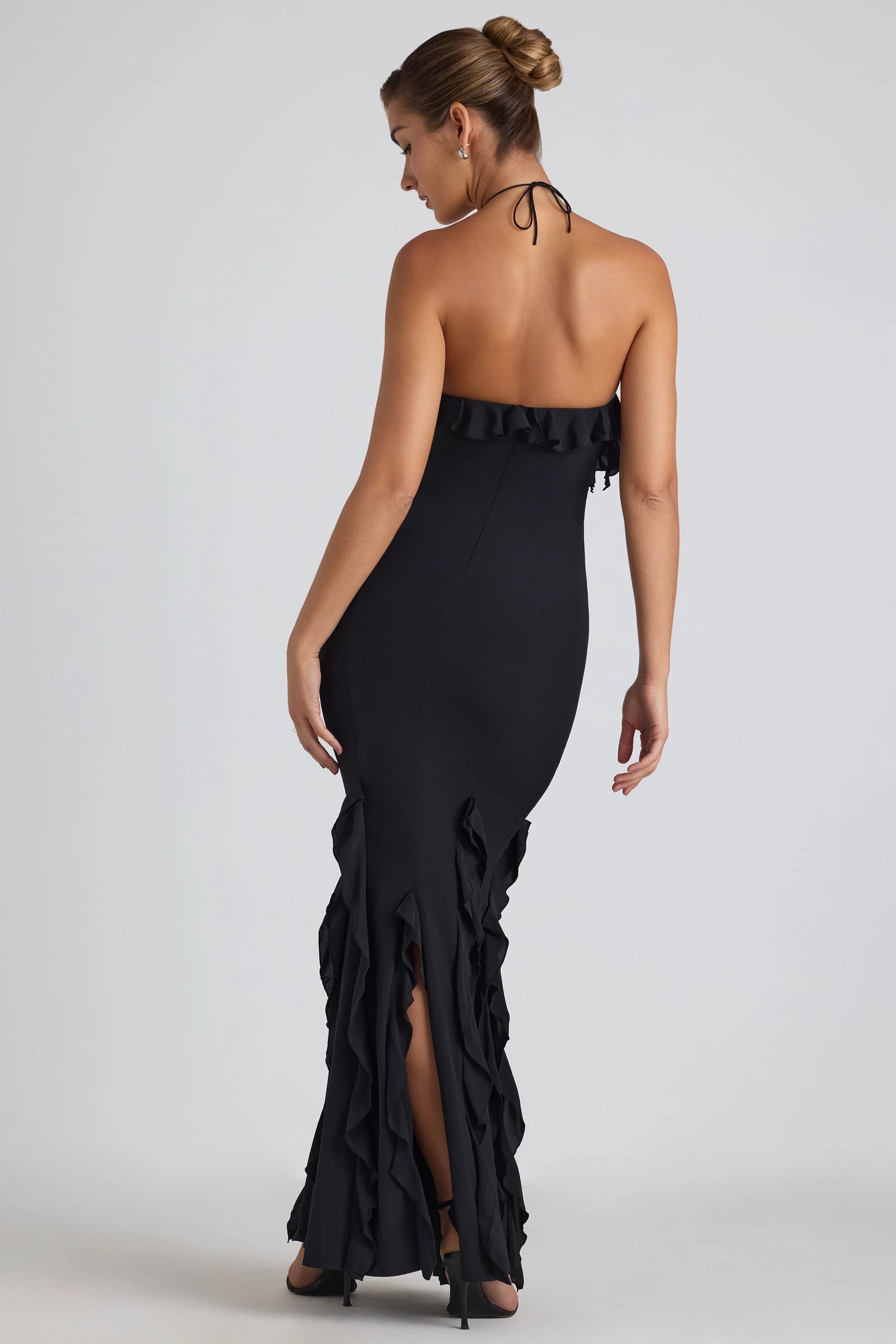 Ruffle-Trim Halterneck Gown in Black