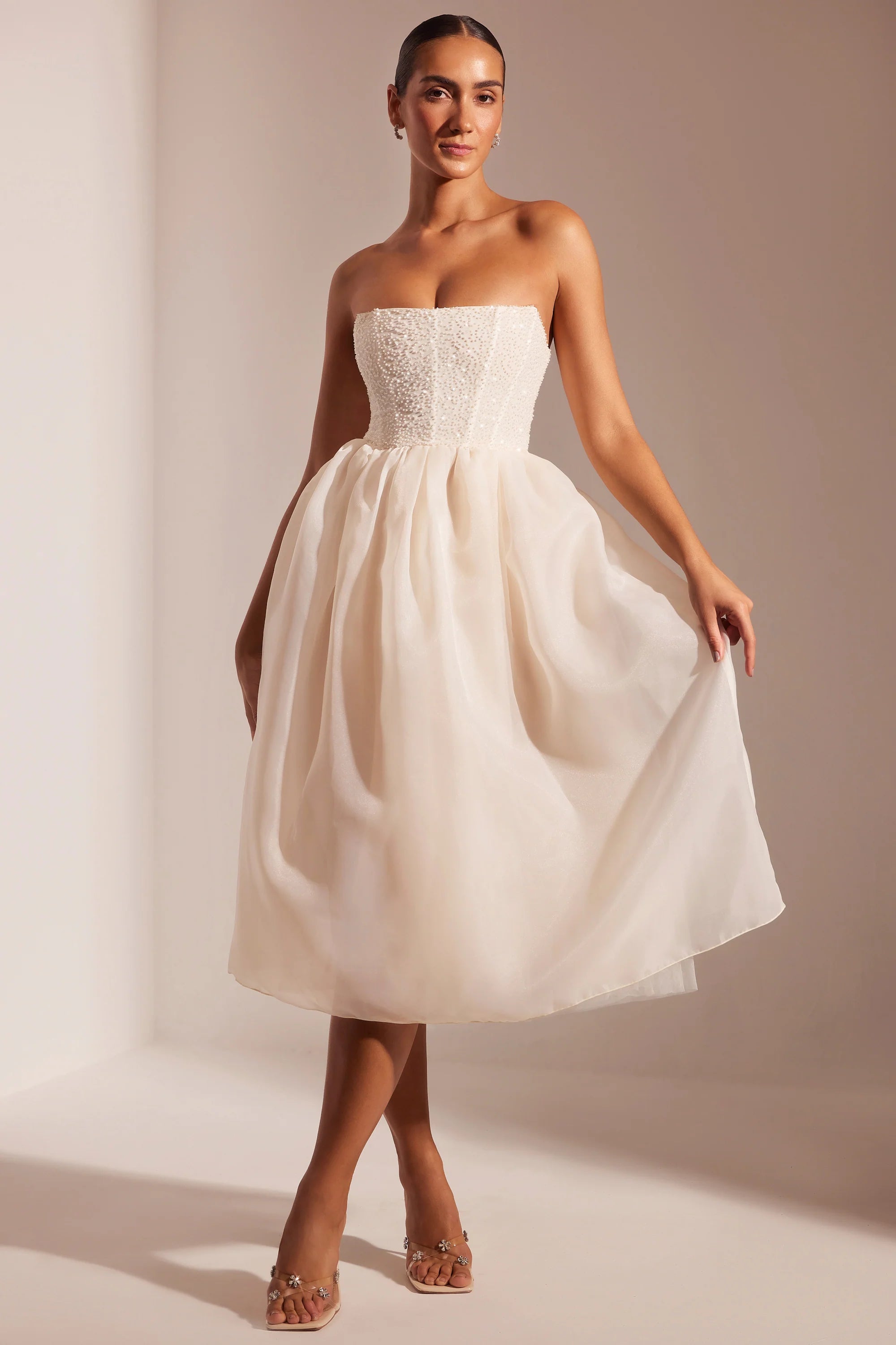 Embellished Corset Tulle Skirt Midi Dress in Ivory