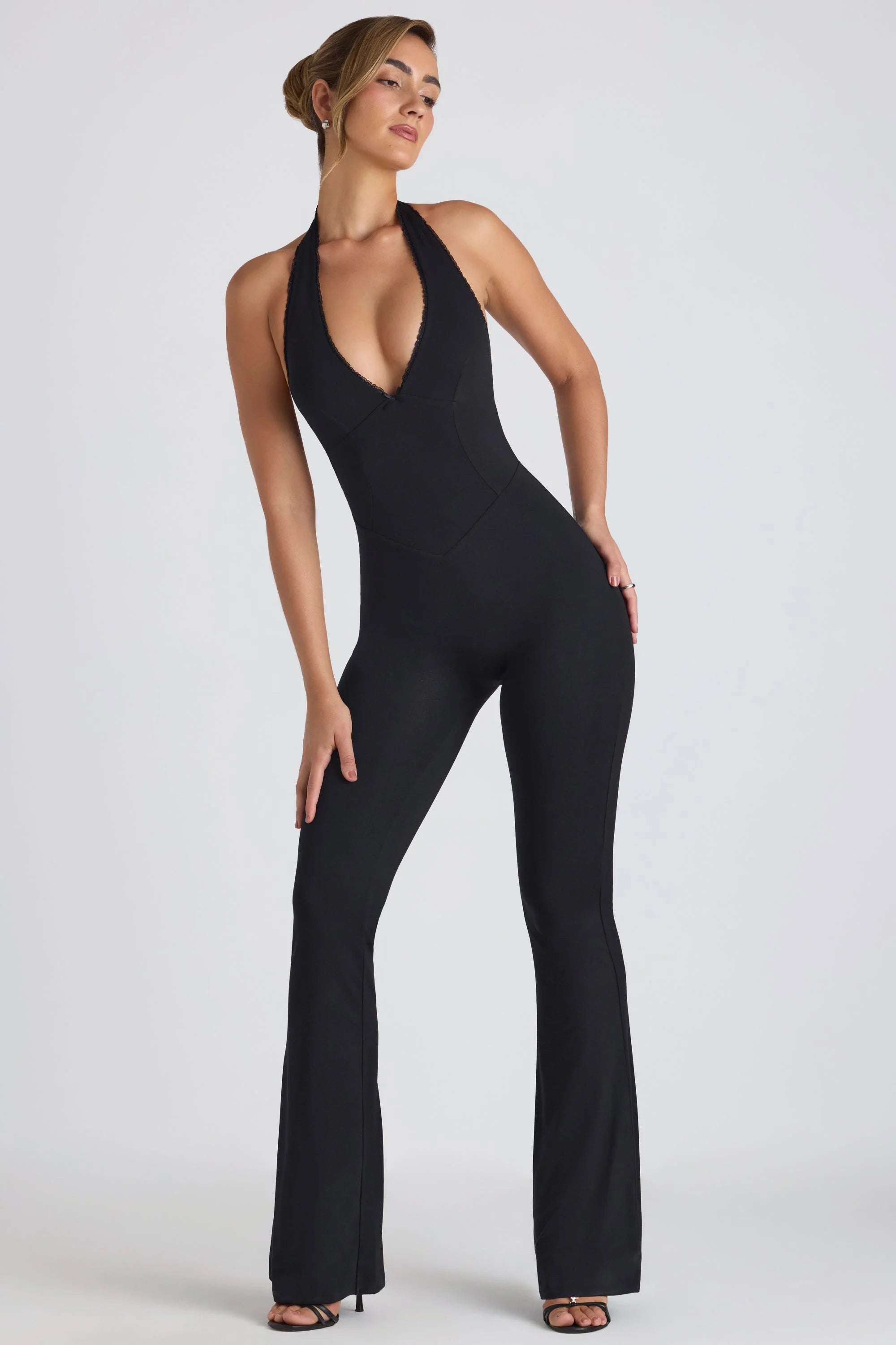 Petite Modal Lace-Trim Cut-Out Flared Jumpsuit in Black