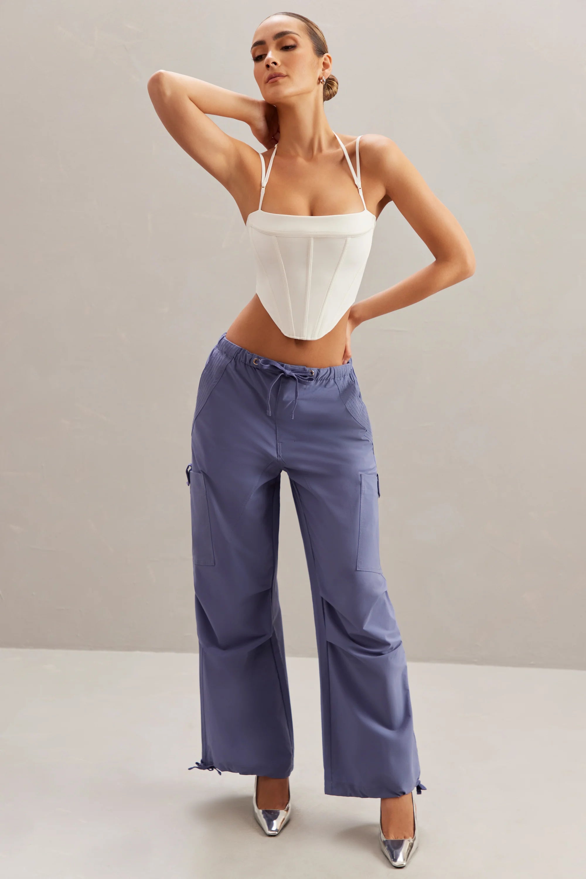 Wide Leg Cargo Trousers in Dusty Blue