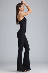 Metallic Ruched Cut-Out Flared Jumpsuit in Black