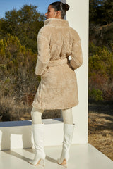 Belted Faux Fur Coat in Cream