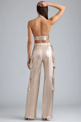 Metallic Denim Cargo Trousers in Champagne