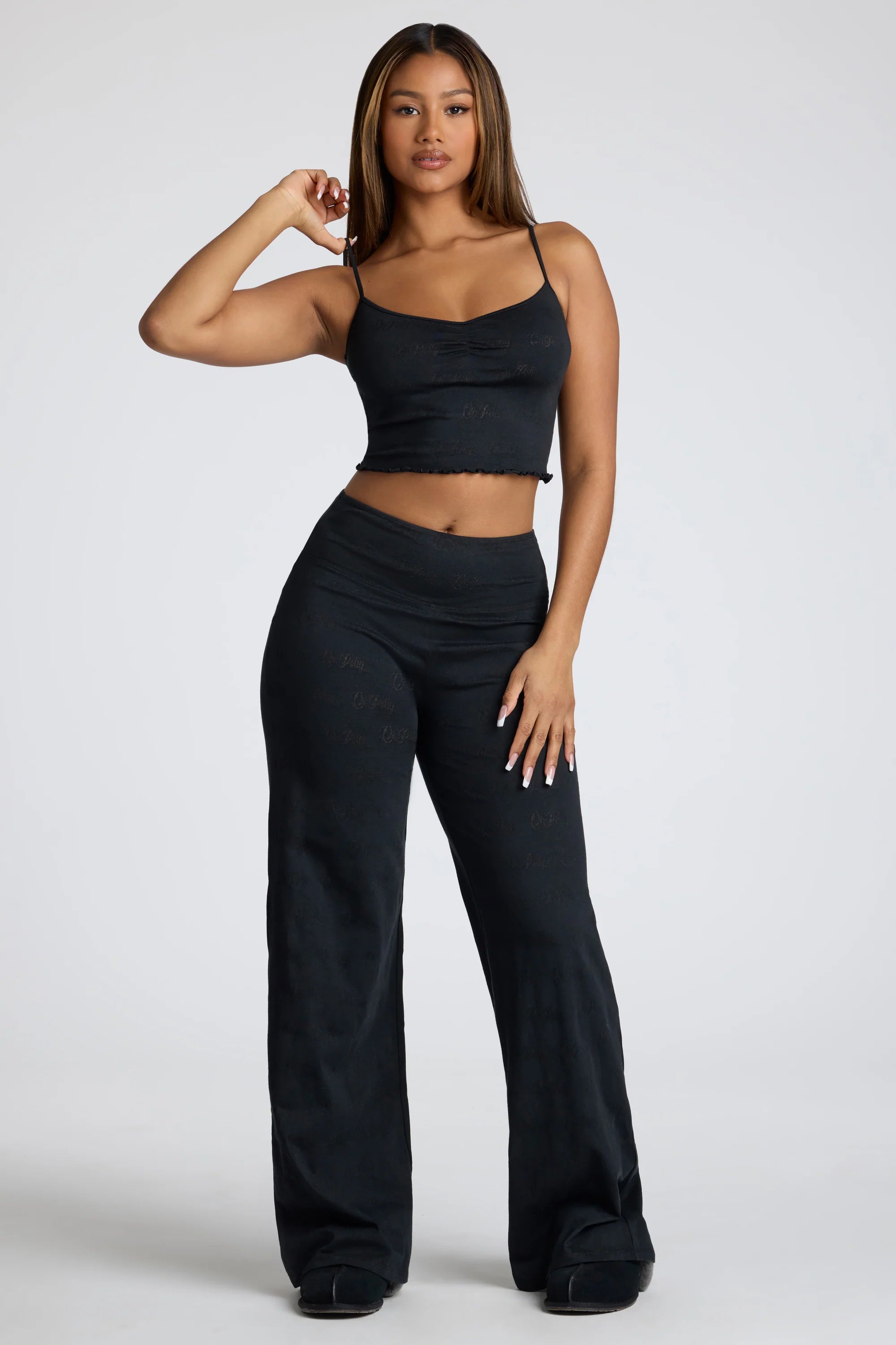 Mid Rise Straight Leg Pointelle Trousers in Black