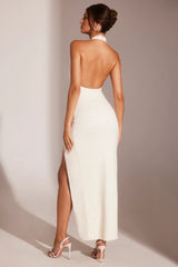 Embellished High Neck Keyhole Cut Out Evening Gown in White