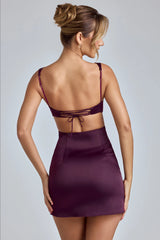 Cut-Out Satin Mini Dress in Plum