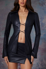 Tie Front Vegan Leather Shirt in Midnight Black