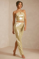 Sheer Sequin Mid Rise Maxi Skirt in Pistachio