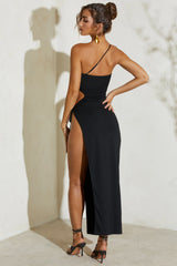 Asymmetric Cut Out High Split Maxi Dress in Black