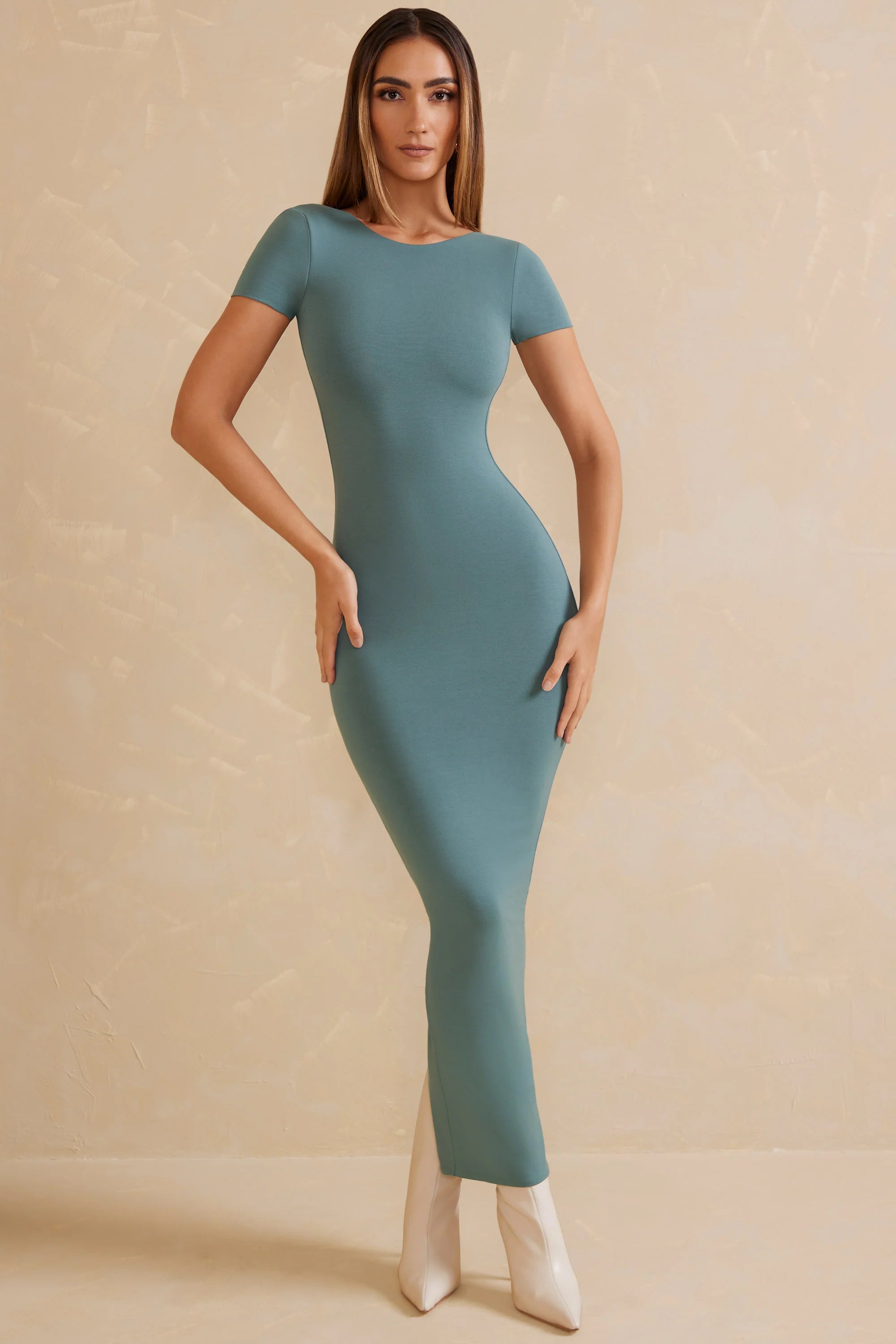 Cap Sleeve Open Back Maxi Dress in Teal