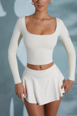 Rounded Square Neck Long Sleeve Top in Ivory