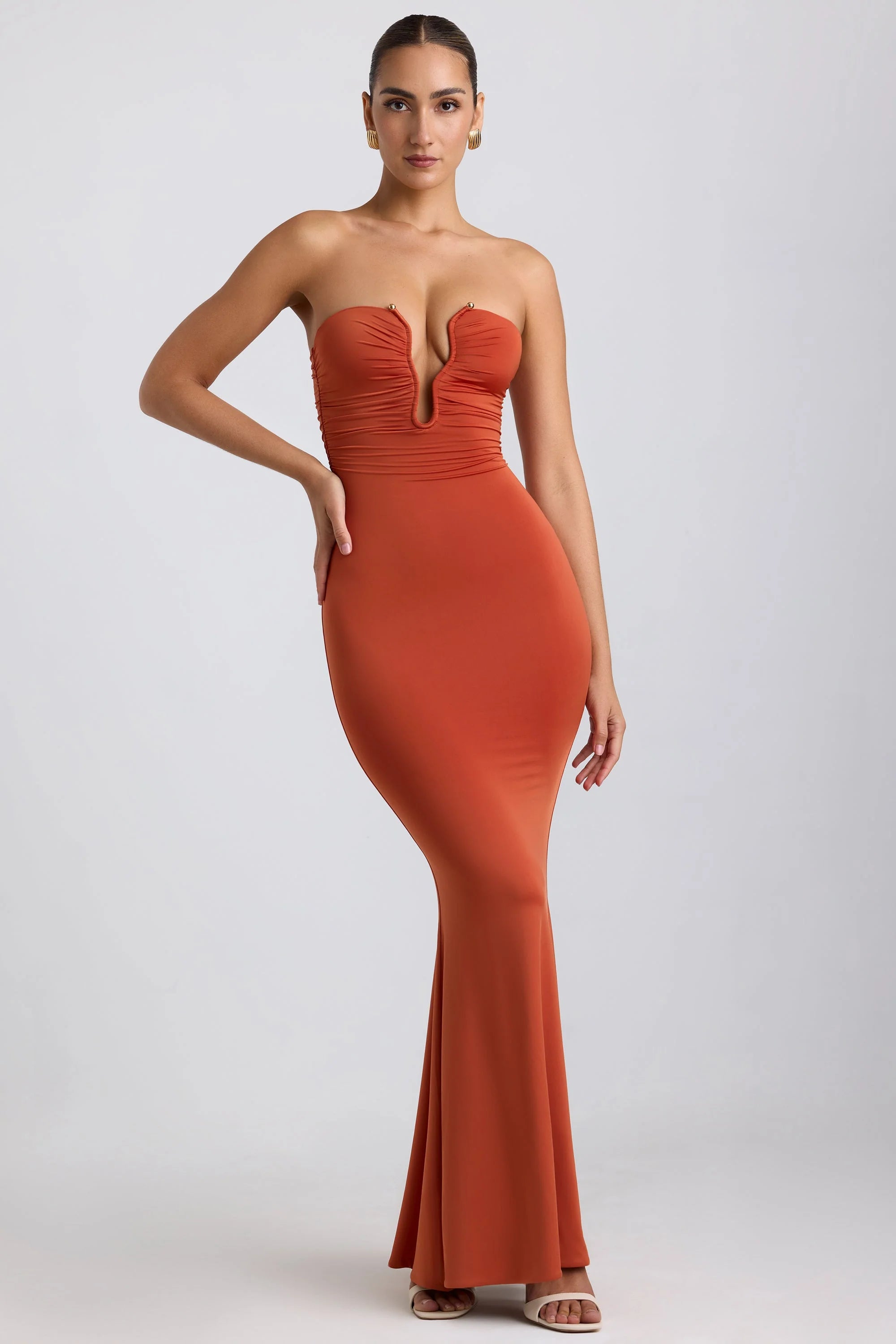 Slinky Jersey Hardware Detail Strapless Maxi Dress in Burnt Orange