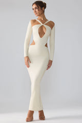 Premium Jersey Long Sleeve Cut Out Maxi Dress in Ivory