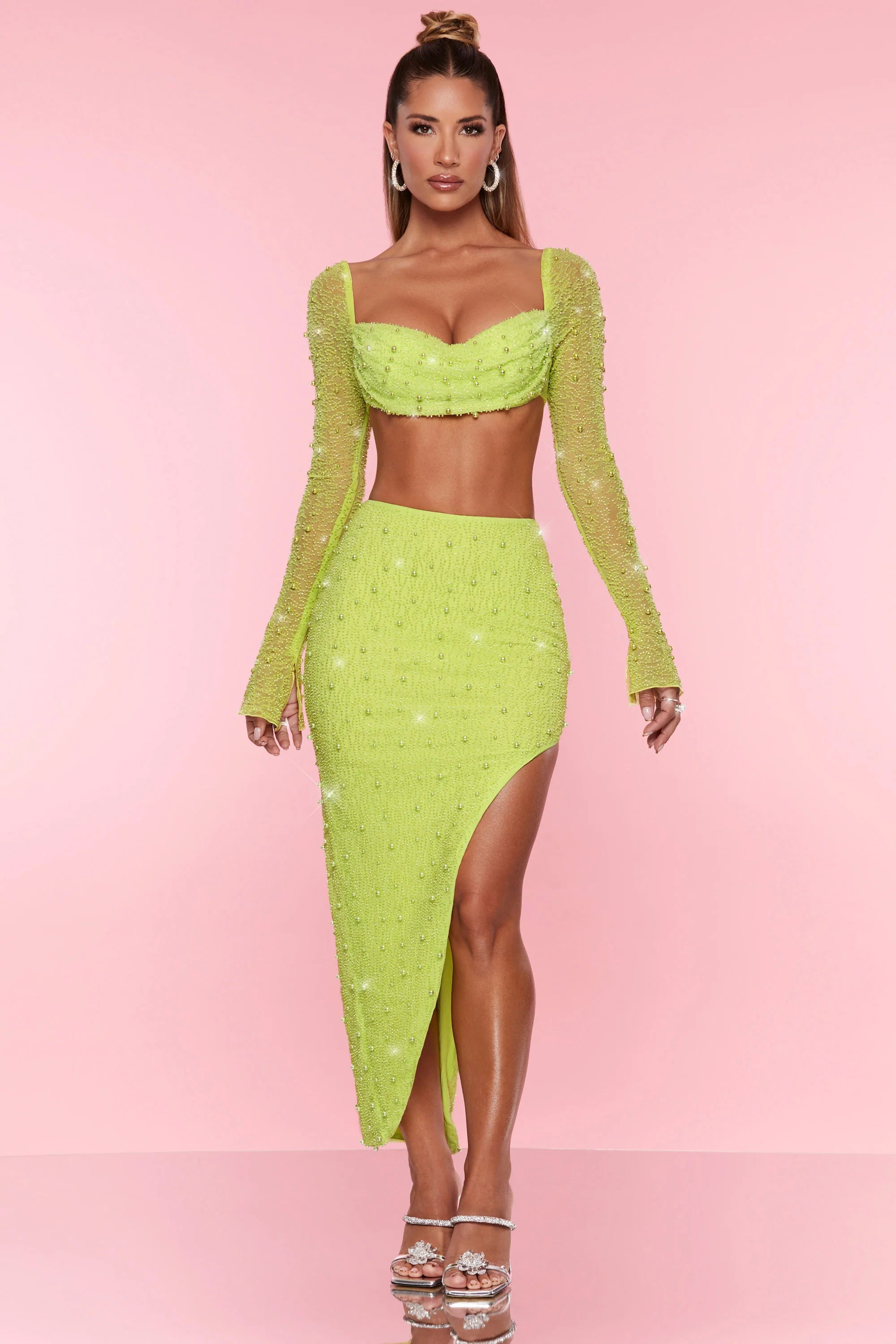 Embellished Cowl Neck Crop Top in Lime