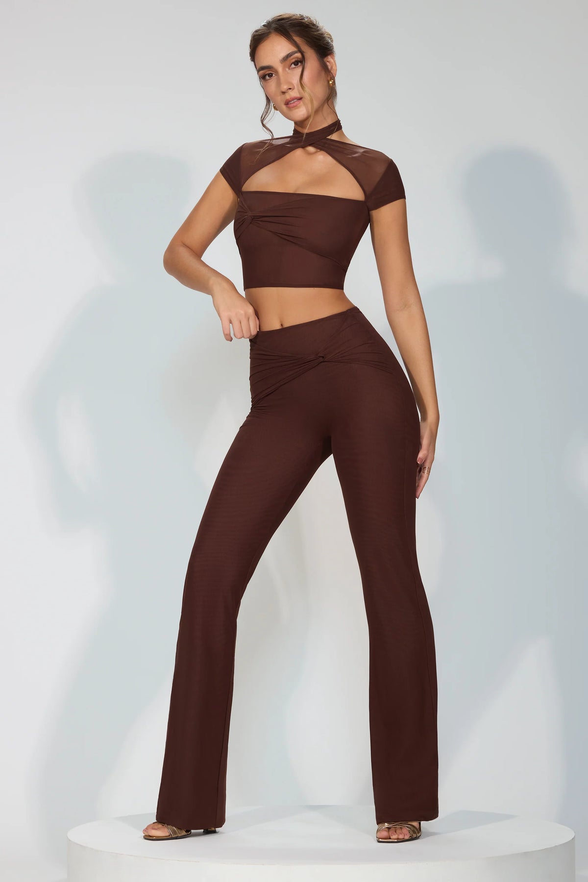 Mesh Mid Rise Twist Overlay Flare Trousers in Espresso