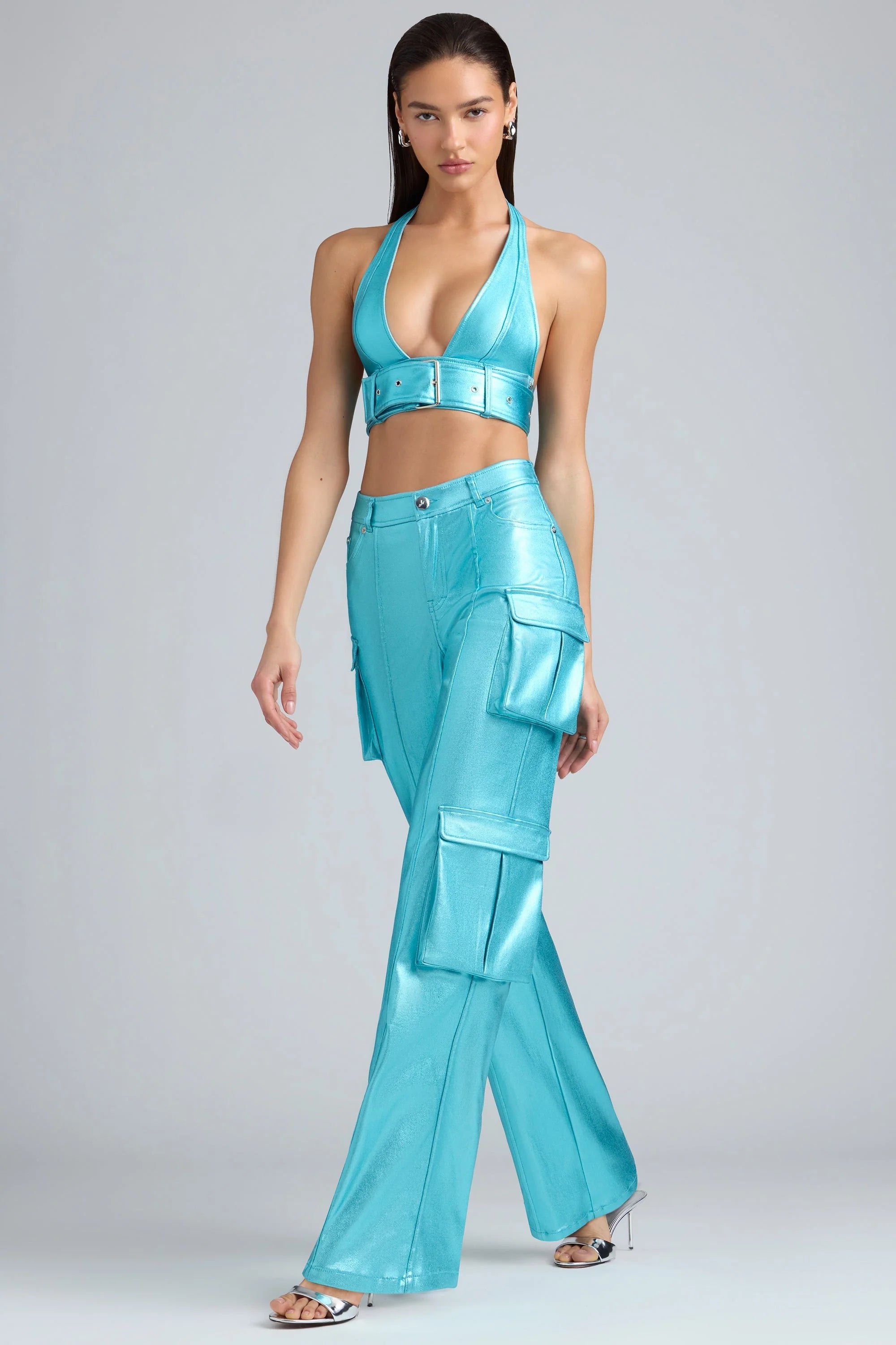 Metallic-Cargohose aus Denim in Aqua