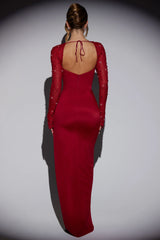 Embellished Side Split Maxi Dress in Red