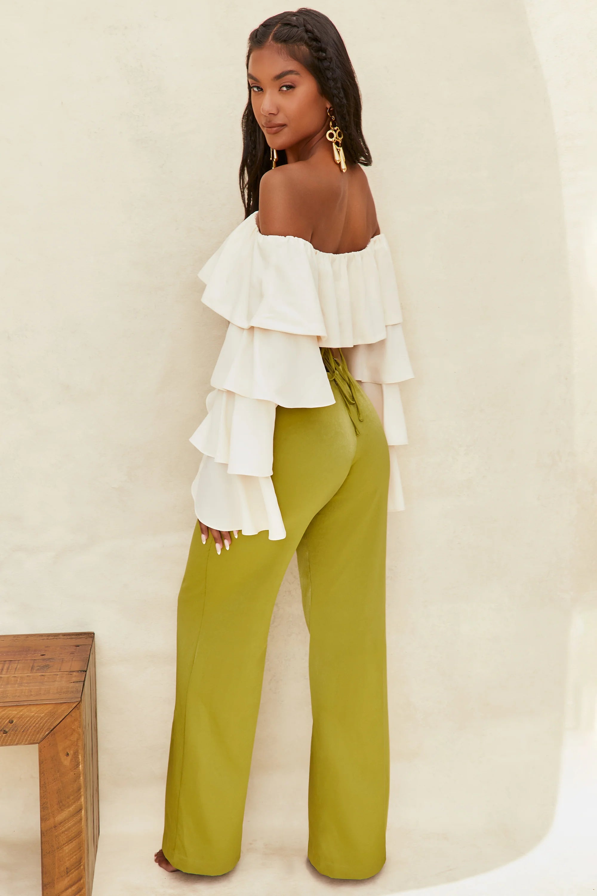 Cut Out Wide Leg Trousers in Olive