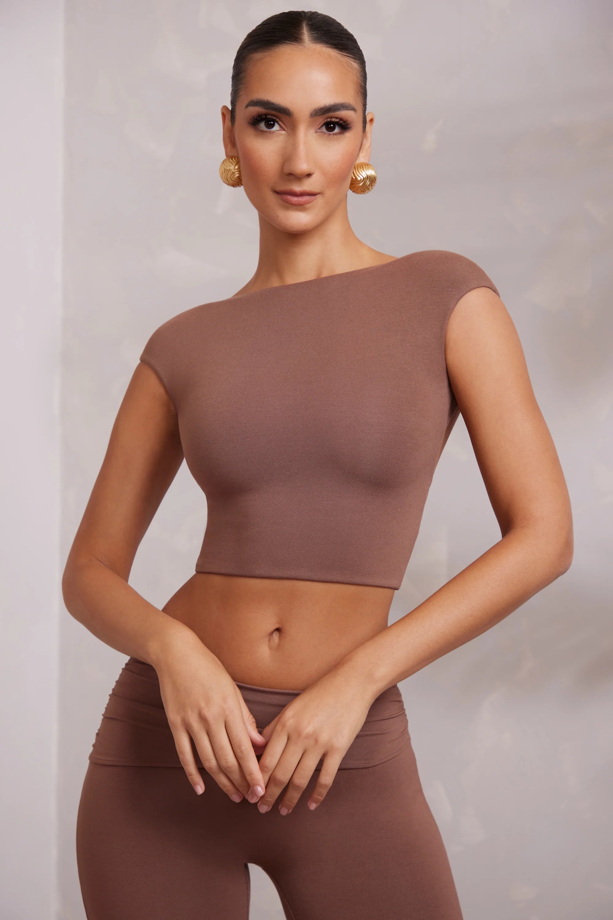 Cap Sleeve Open Back Crop Top in Brown