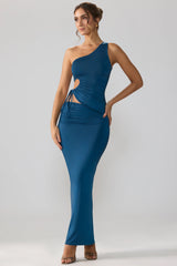 Slinky Jersey Asymmetric Waist Maxi Skirt in Midnight Blue