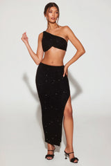 Verziertes One-Shoulder-Crop-Top mit Knotendetail in Schwarz