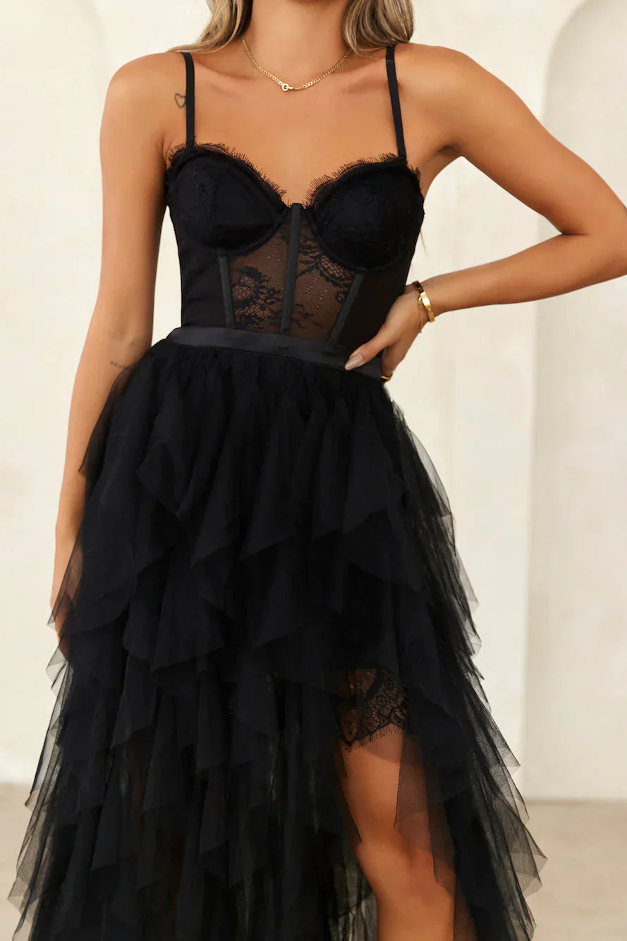 Elegantly Dressed Tulle Maxi Dress Black