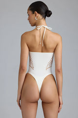 Lace-Up Halterneck Bodysuit in Ivory