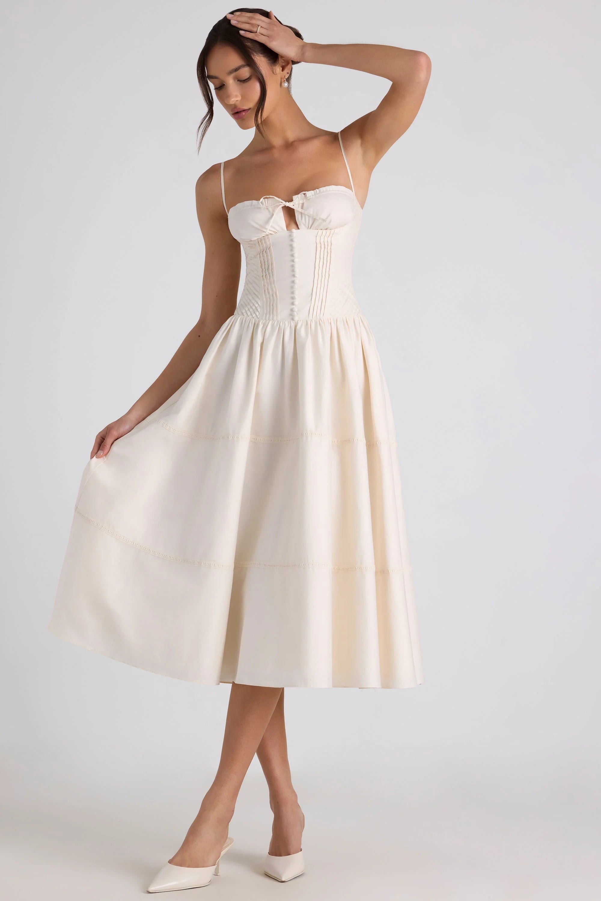 Lace-Trim Pintucked Poplin Midaxi Dress in Ivory