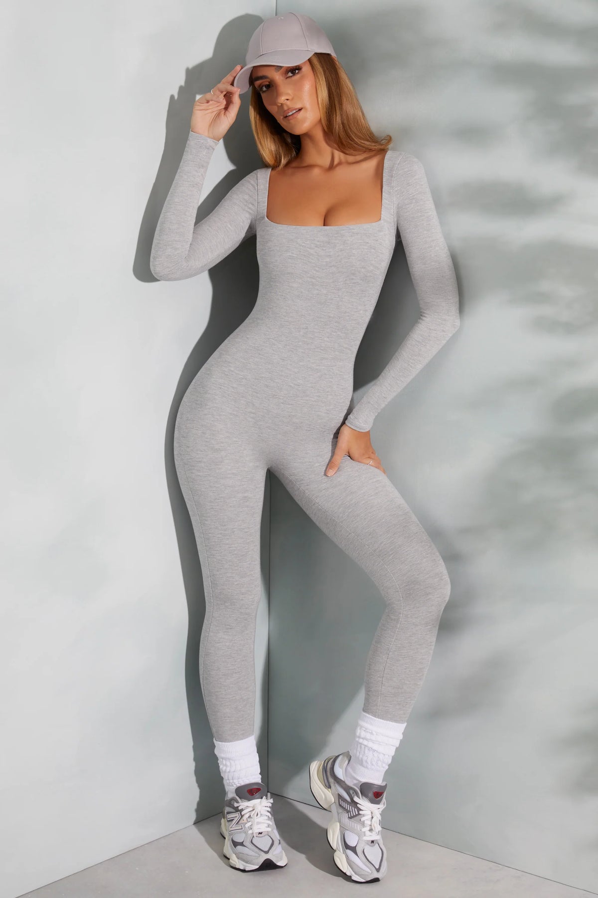 Square Neck Long Sleeve Jumpsuit in Marled Grey