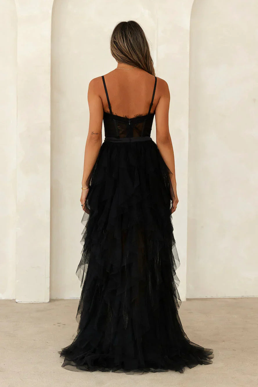 Elegantly Dressed Tulle Maxi Dress Black