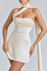 Draped Halterneck Satin Mini Dress in Ivory