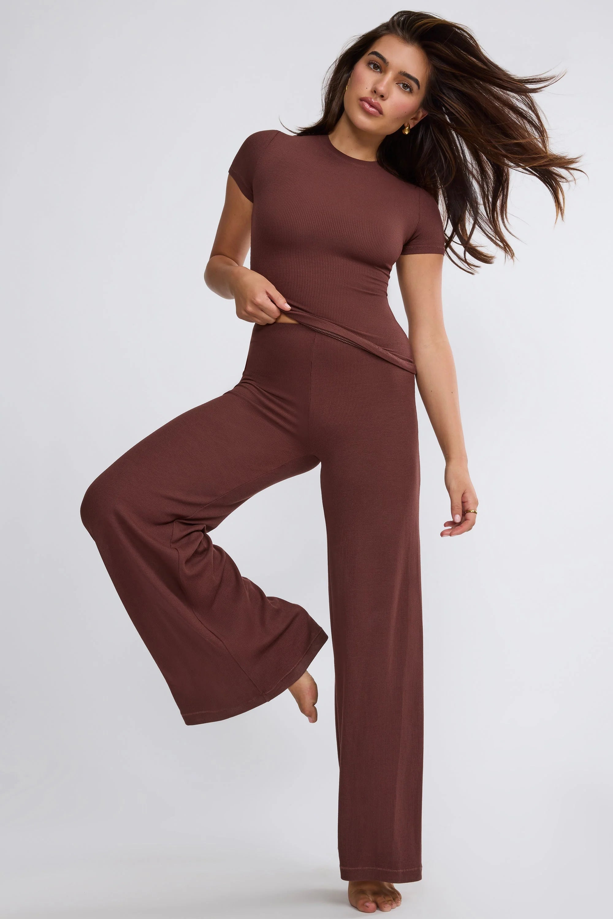 Ribbed Modal High Neck Top in Chocolate