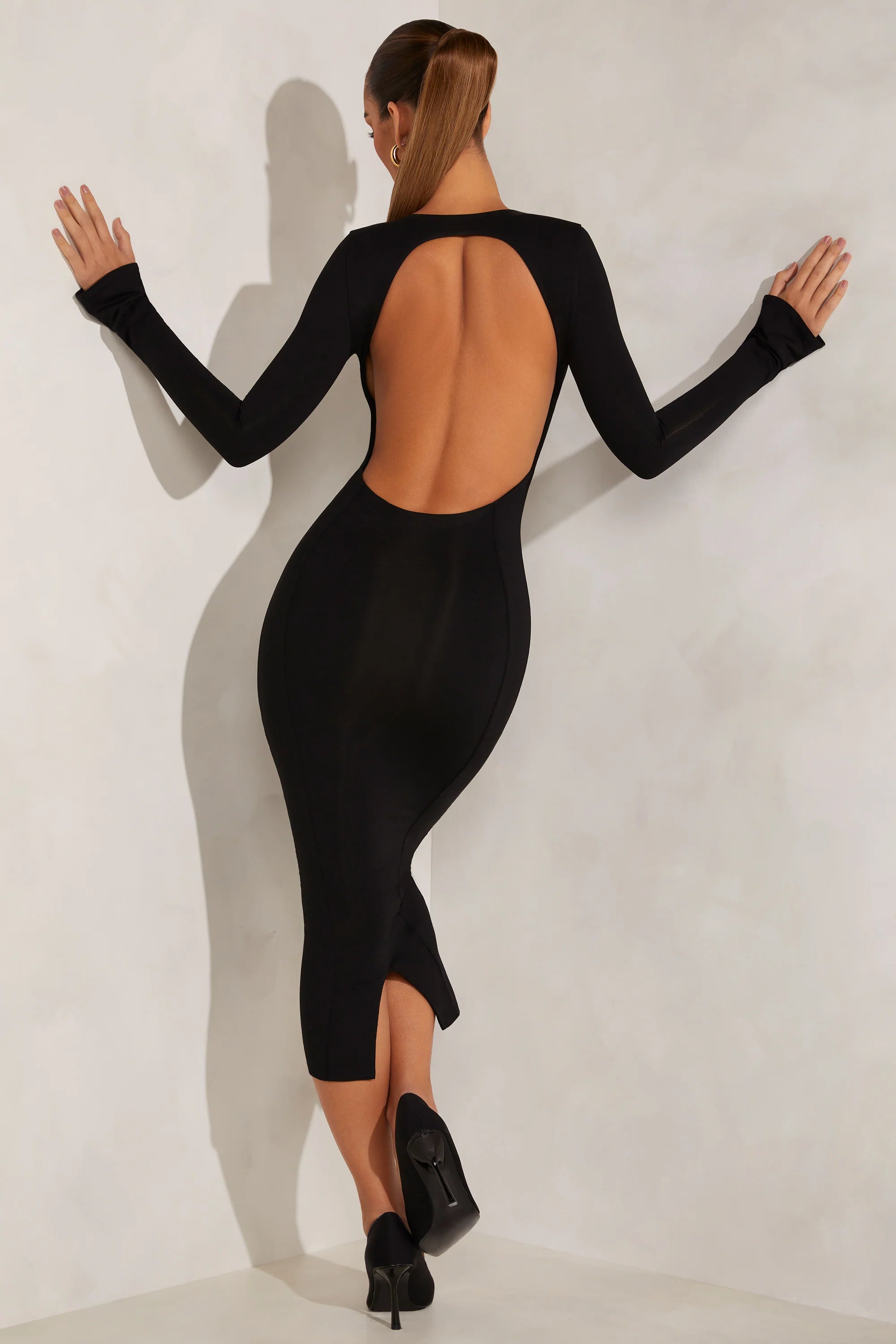 High Neck Long Sleeve Open Back Midaxi Dress in Black