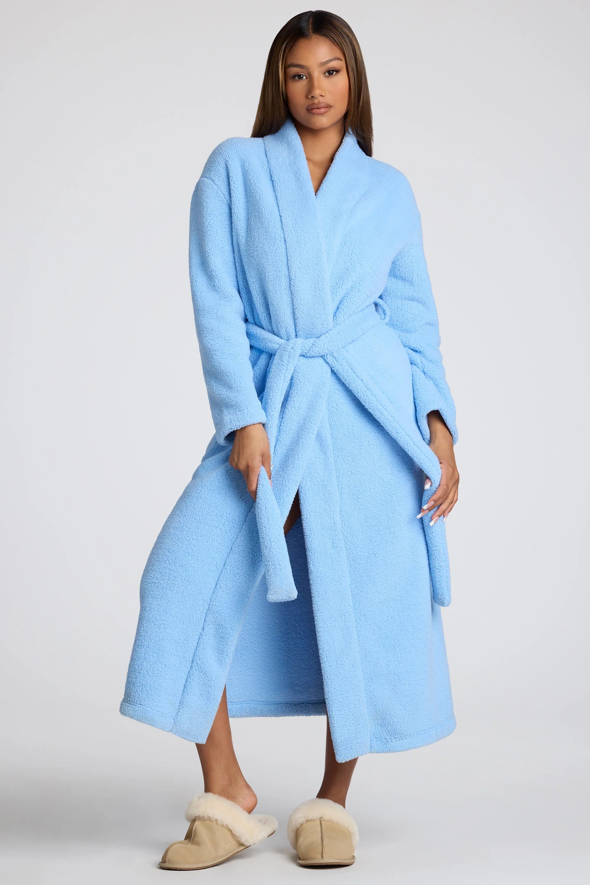 Fleece-Bademantel zum Binden vorn in Babyblau