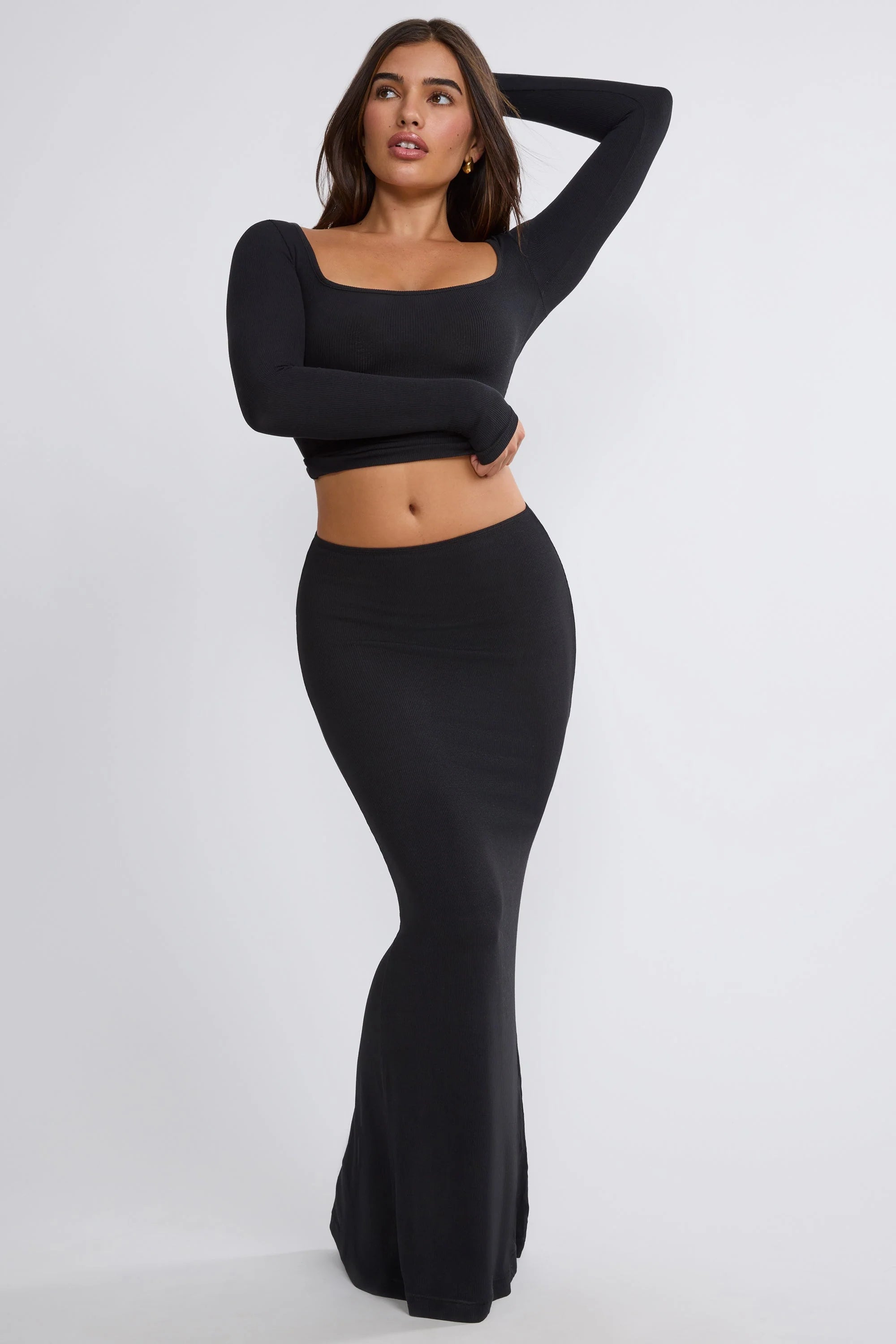 Ribbed Modal Square Neck Long Sleeve Top in Black