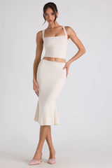 Modal Bow-Embellished Mid-Rise Midi Skirt in Ivory