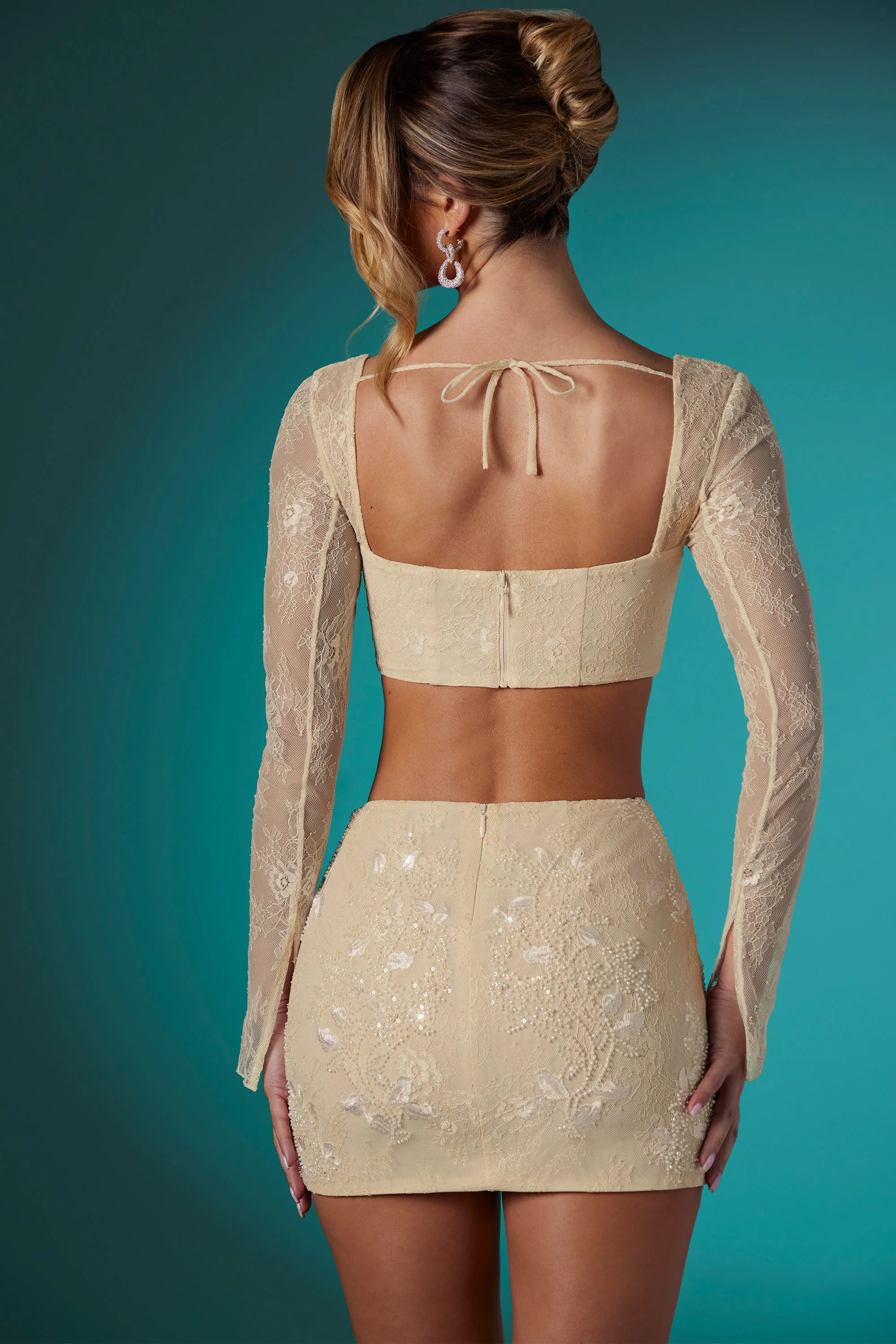 Long Sleeve Embellished Lace Corset Crop Top in Ivory